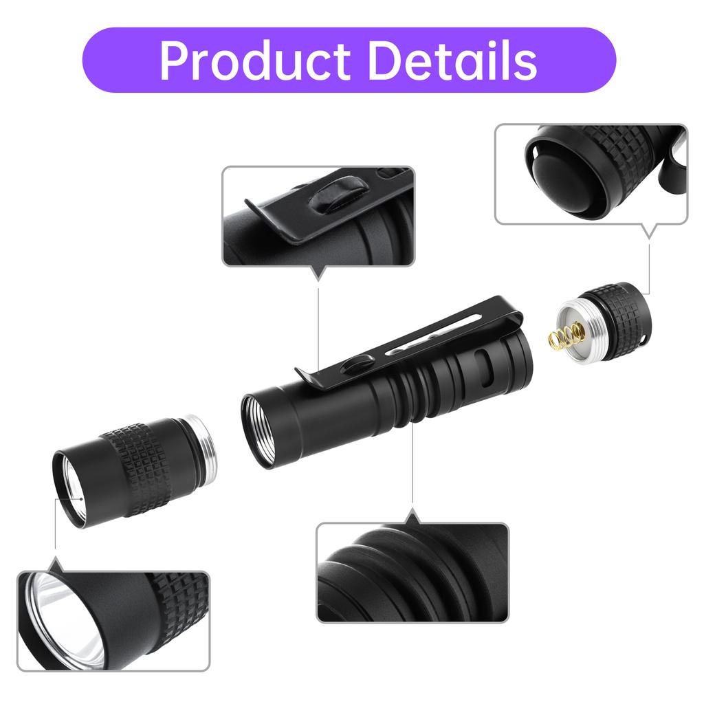 395nm UV Flashlight AAA Battery Powered Mini Blacklight Pocket Clip Black Aluminum Pen Light