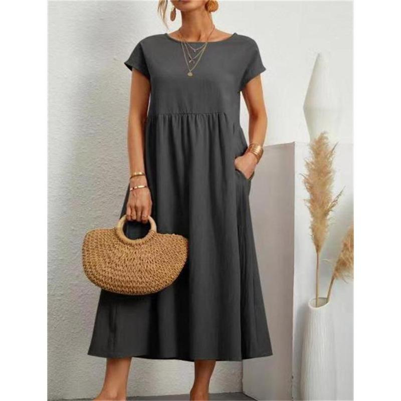 QICED Fashion Summer Spring Solid Color Print  Short Sleeve O-Neck Casual Dresses
