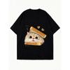 Oversized T Shirt Black Cat With Toast Print And Text For Casual Wear