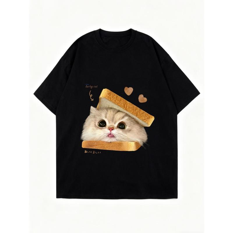 Oversized T Shirt Black Cat With Toast Print And Text For Casual Wear