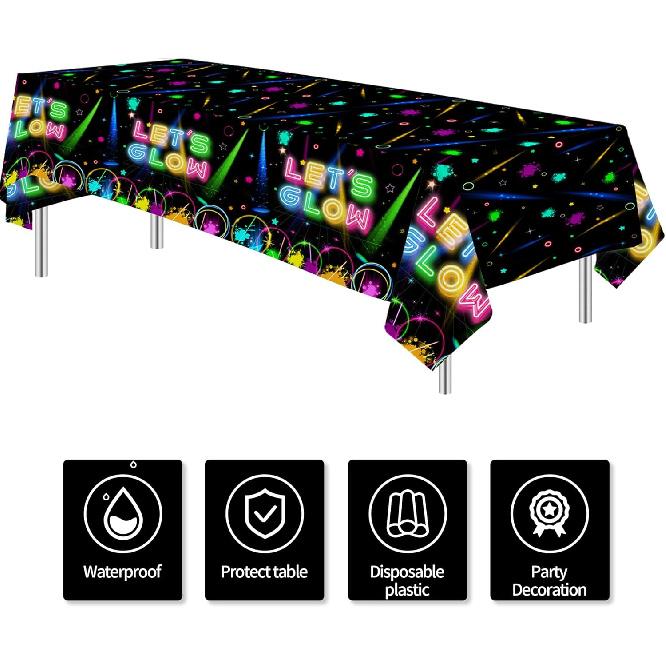 Neon Glow Birthday Party Decorations Tablecloth, 3Pcs Disposable Glow in The Dark Party Tablecover Supplies, Neon Graffiti Theme Party Decorations