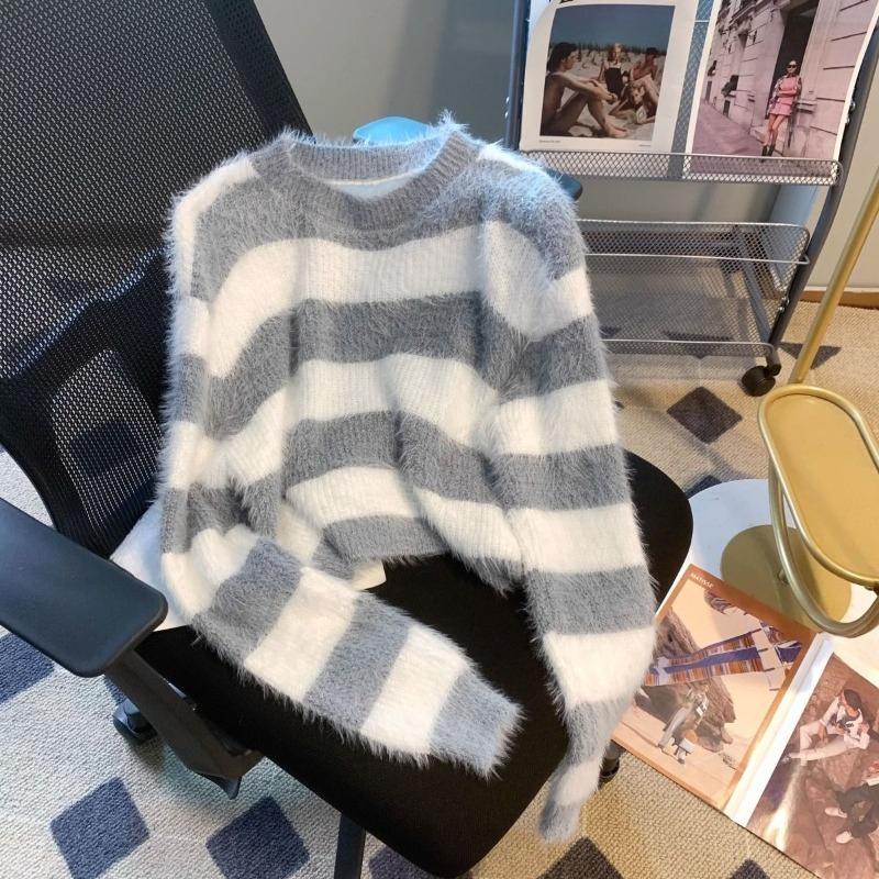 Women's Striped Short Loose Soft Waxy Mink Fleece Knitted Sweater