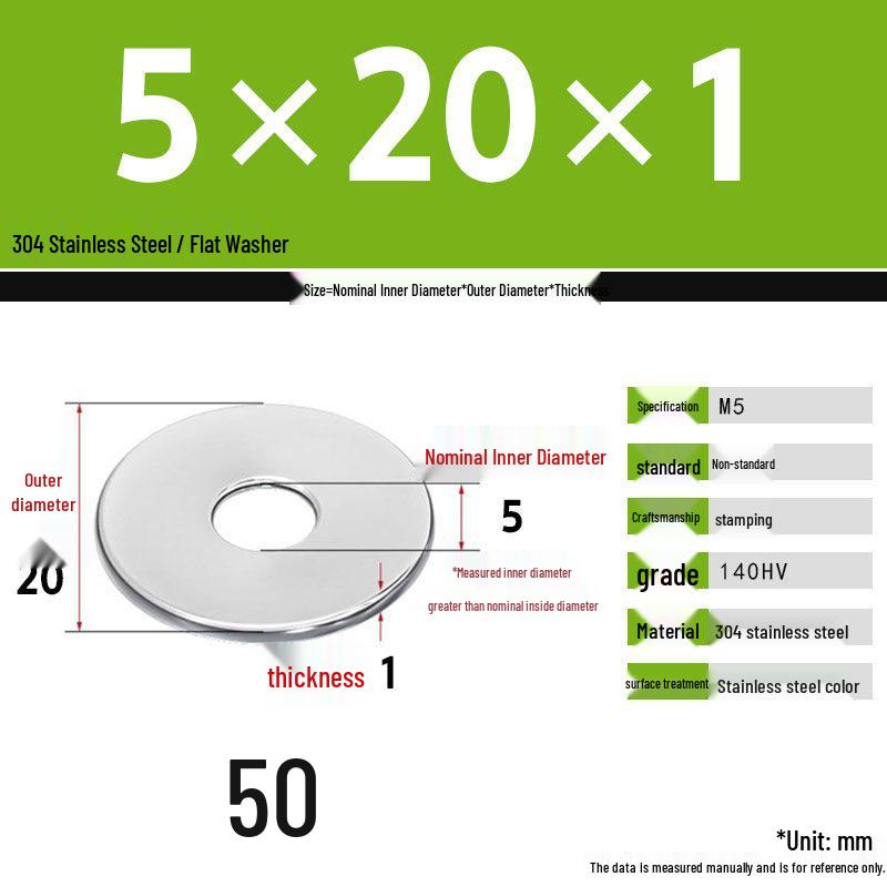 304 Stainless Steel Thickened Flat Washer Set, Sizes 2-36