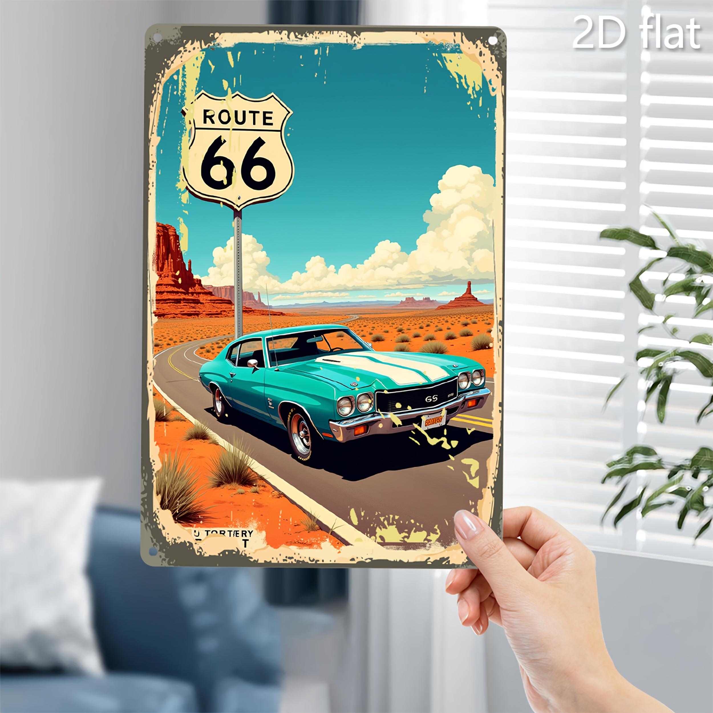Винтажная металлическая жестяная табличка Route 66 Ретро настенный декор Route 66 с классическим бирюзовым автомобилем Пейзаж пустынного шоссе Прочный Me 20x30cm（7.8x11.8inch）