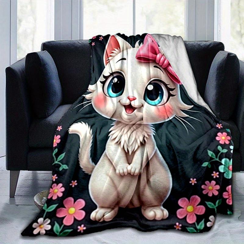 1pc Cute Cartoon Cat with Pink Bow Blanket - Seasonal Home Decor, Throw Blanket for All Seasons, for Decorating Your Own Sofa and Living Roo