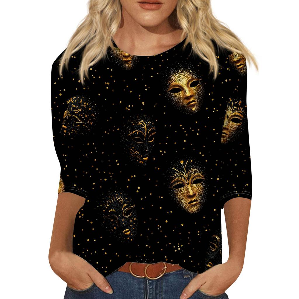 Women's Fashionable Casual Three-Quarter Sleeve Carnival Print  Neck Top