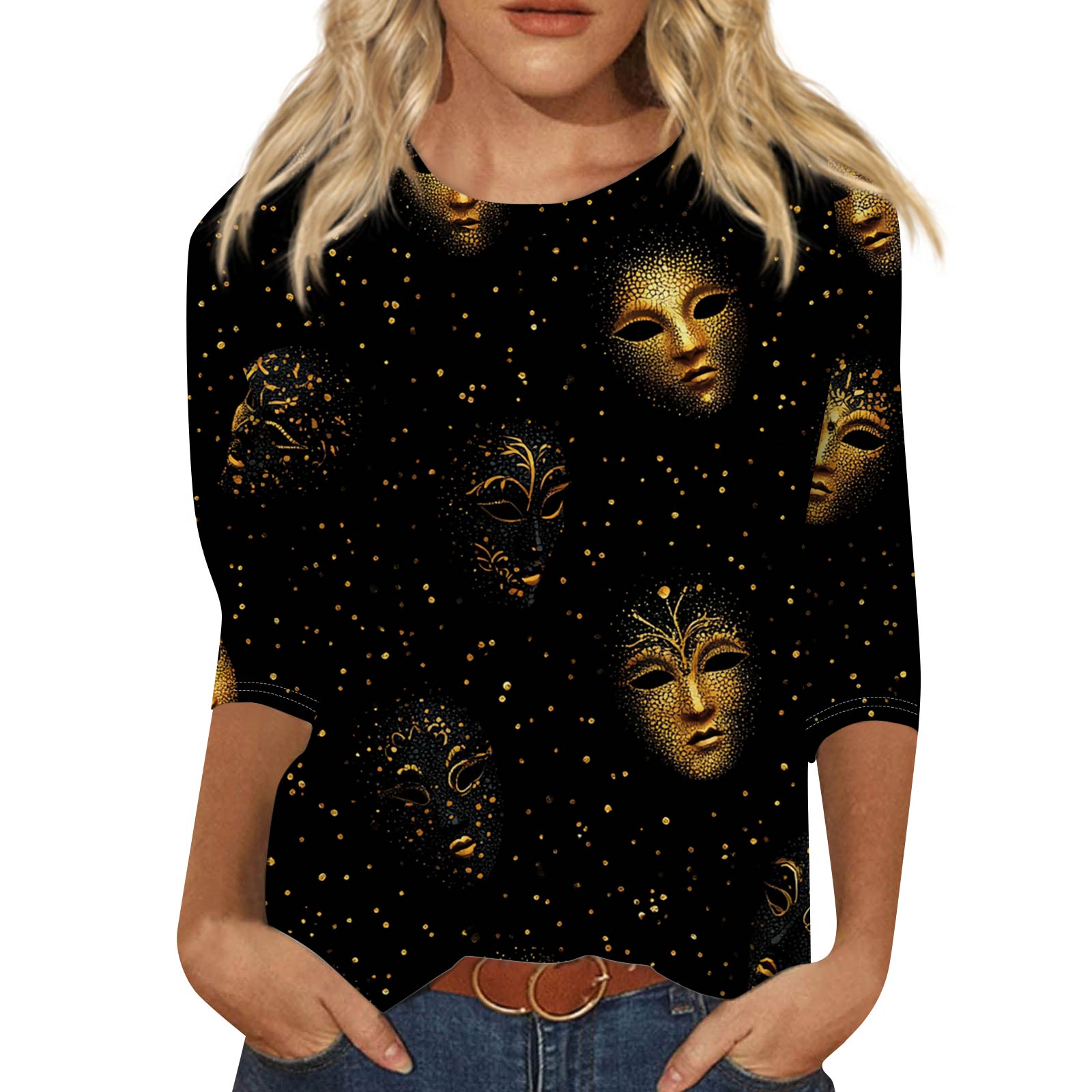 

Женский модный повседневный топ с рукавом три четверти и карнавальным принтом на горловине L