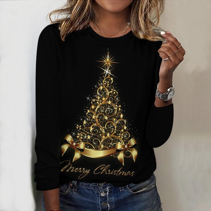 Fashion Christmas Printed Women's T-shirt Casual Long Sleeve Santa Claus Christmas Tree Deer Pattern Tops Tees Autumn Female
