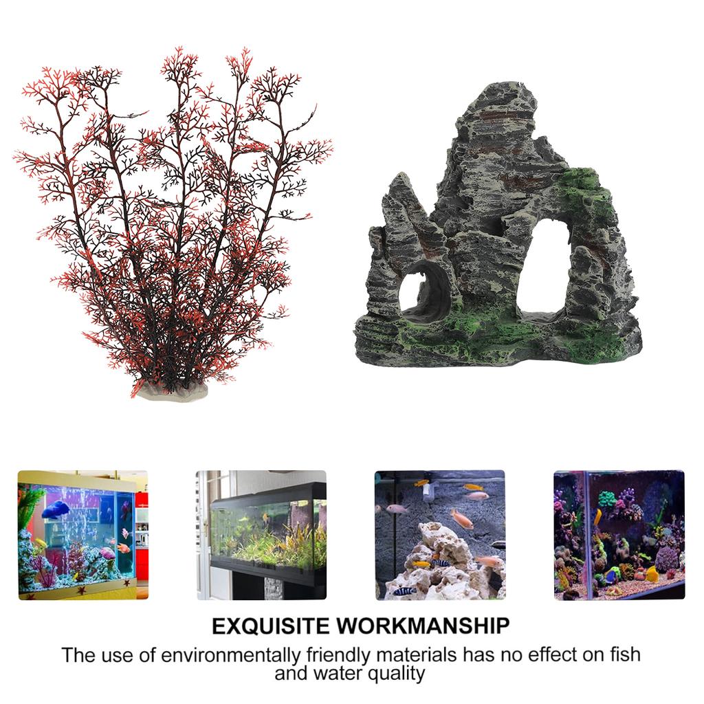 7-teiliges Aquarium-Fischbecken-Dekorationsset mit Kunststoffpflanzen und Höhlenfelsen, 7 Teile, Kleine und Große Künstliche Aquarium-Pflanzen