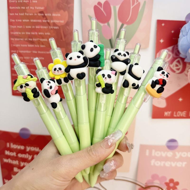 10Pcs Cute Panda Neutral Pen for Students, Cartoon Patch, Wind-pressed Erasable Pen, Patch Pen Creative Stationery