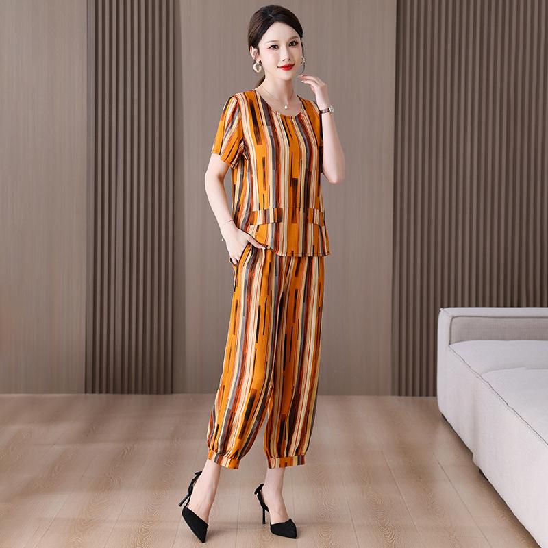 Mother's Summer Two-piece Cotton Silk Pajama Set - Short Sleeve for Women, Wear Indoors or Outside