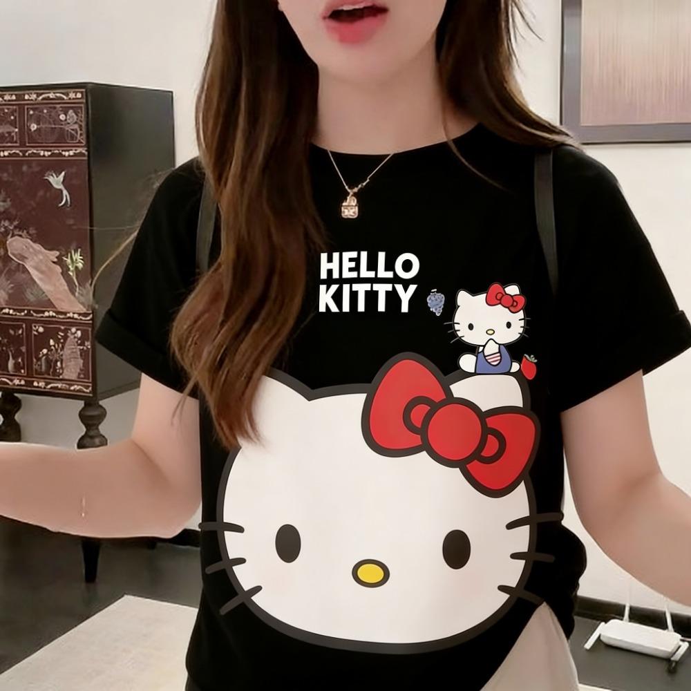 

Women s Summer Hello Kitty Plus Size T-Shirt, Bright Red Bow Print, Retro Y2K Street Style XXS