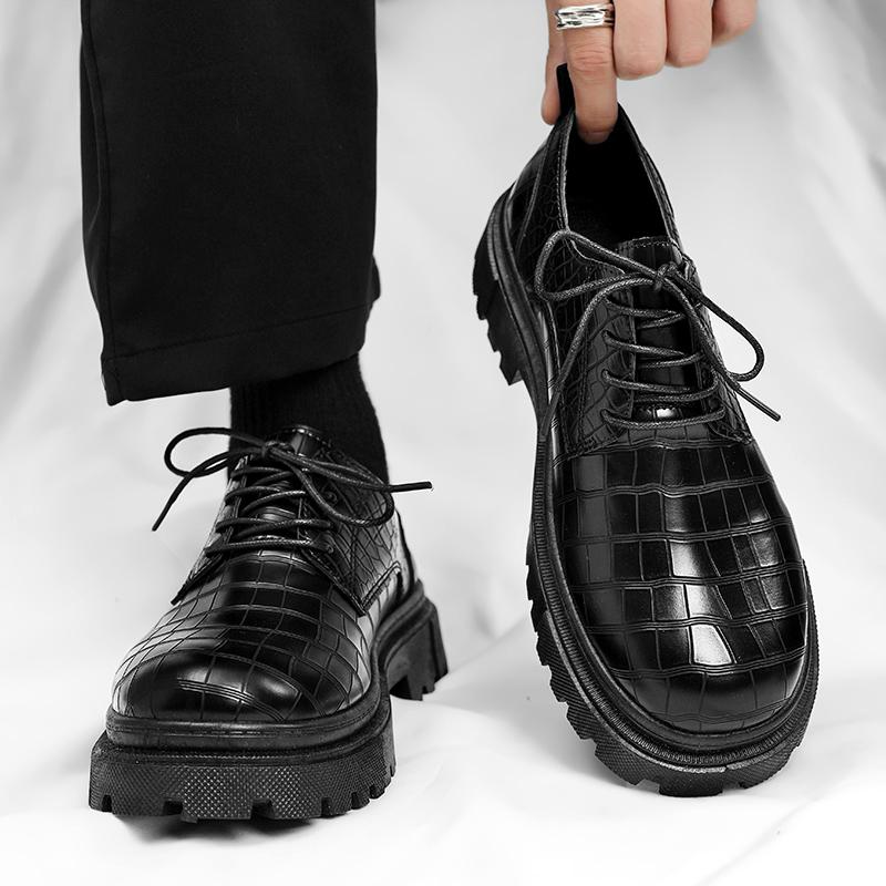 Derby men's shoes autumn and winter men's casual business British dress big head shoes crocodile pattern high-end thick-soled leather boots