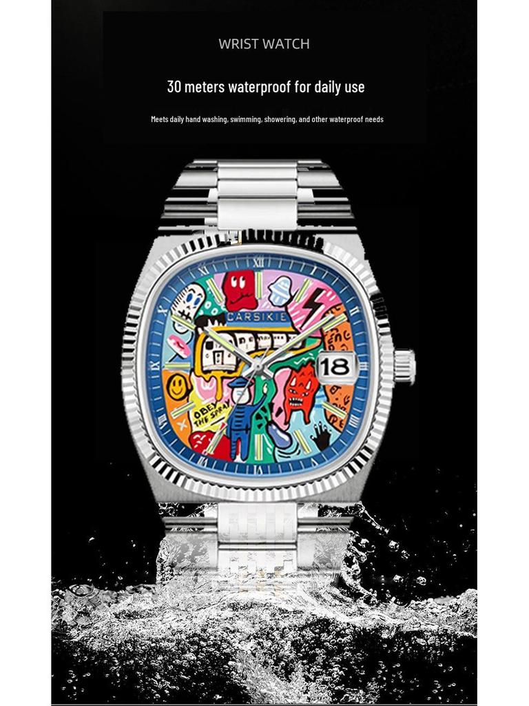 Carsikie2025 Szafirowa Kwadratowa Tarcza Męski Sportowy Kreskówkowy Zegarek Kwarcowy