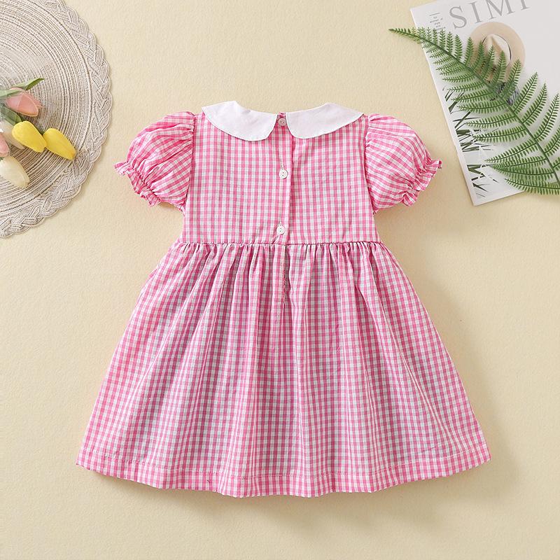 Summer Girls Cotton Plaid Princess Dress With Watermelon Embroidery Puff Sleeves Shirred Bodice Casual Party Sundress For Kids