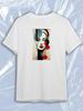 TeeSensation White Crew Neck Short Sleeve T-Shirt with Art Deco Woman Face Portrait Red Teal Geometric Vertical Print