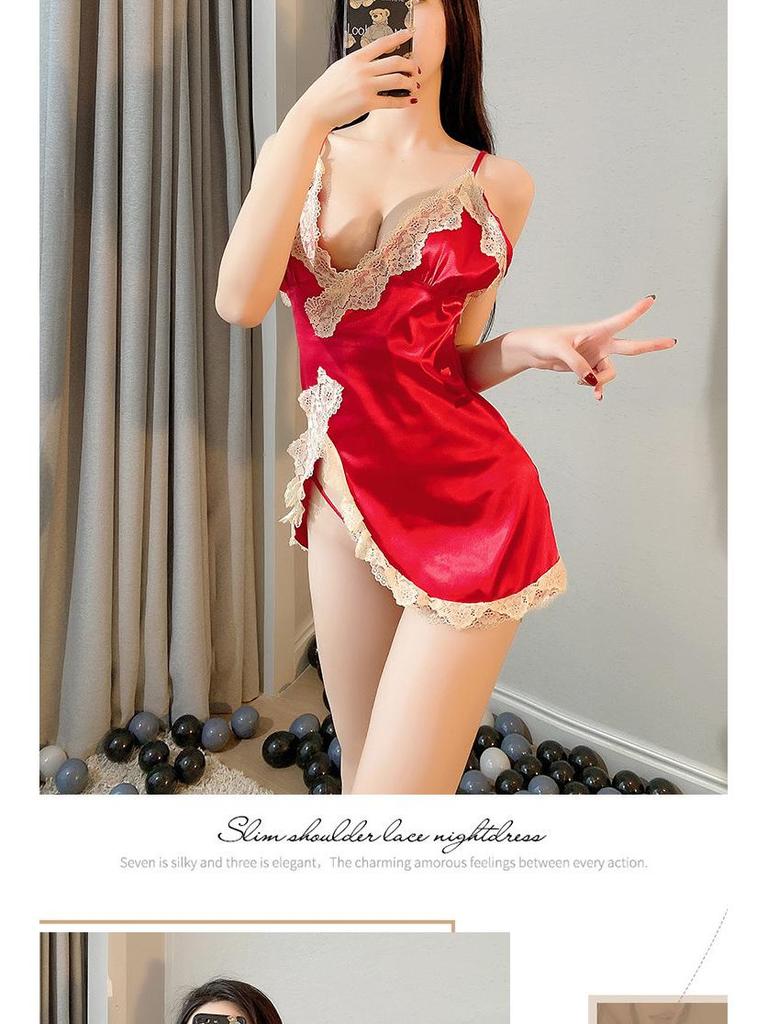 Alluring Ice Silk Lace Nightdress - Backless, Slit Design with Suspender Straps for Enhanced Elegance