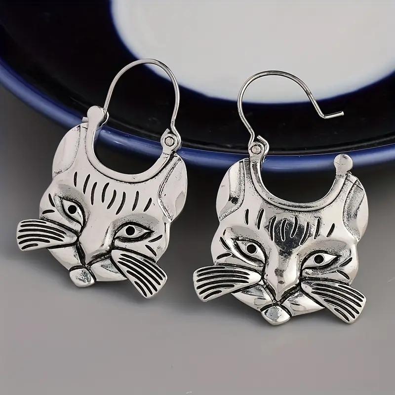 Ethnic Style Earrings for Women Cat Animal Silver Color Metal Inlaid Dangle Earrings Jewelry Trendy Female Gift