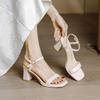 Naked pink high heels for women's summer new simple and gentle fairy style skirt with open toes square head sandals for women