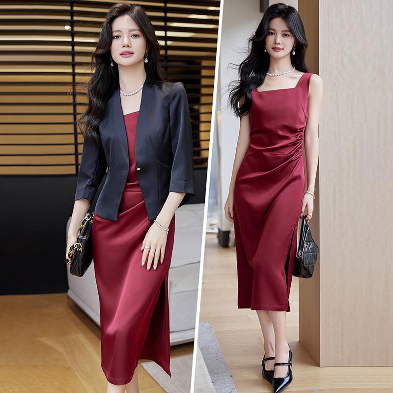 Teluoman Women's Petite Acetate Satin Blazer & Dress Set