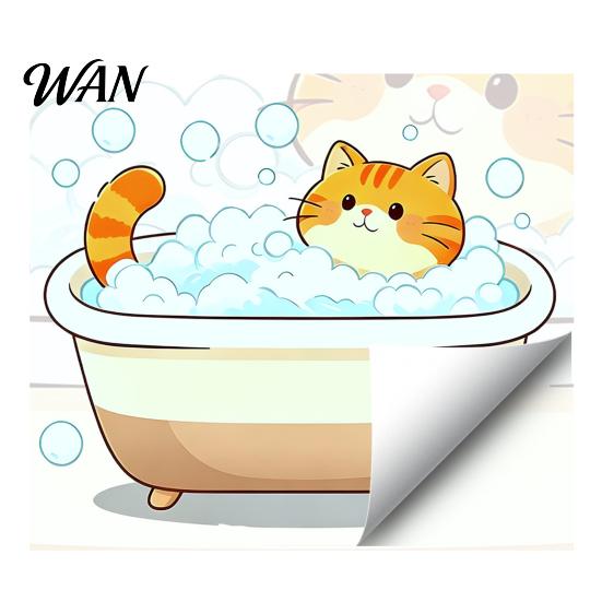 PVC Wall Sticker Cartoon Cat Sticker, Funny Orange Bathing/Licking Decal, Fade-resistant Peel And Stick Self-Adhesive Room Mural for Kitchen, Bathroom