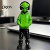 Home Office Desk Accent 3D Printed Alien Figurine with Hoodie And Headphone, Trendy Desktop Decor Ornament, Cyber Style Statue for Gaming Room