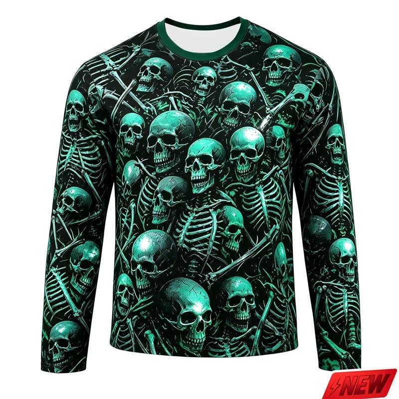 Men Gothic Full Print Skull Skeleton Long Sleeve T Shirt Halloween Punk Print Y2K Hip Hop Family Matching Casual Fitness Tops