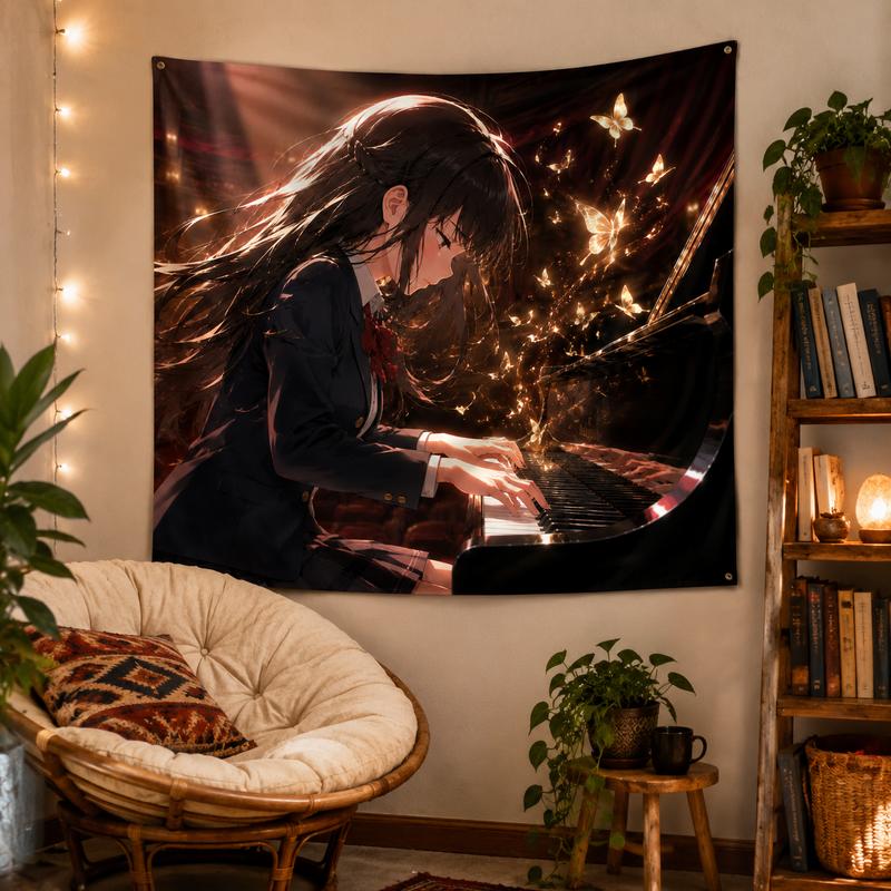 Auditorium Piano JK Girl Tapestry Retro Music Hall Warm Light Black Straight School Uniform Girl Anime Room Decoration