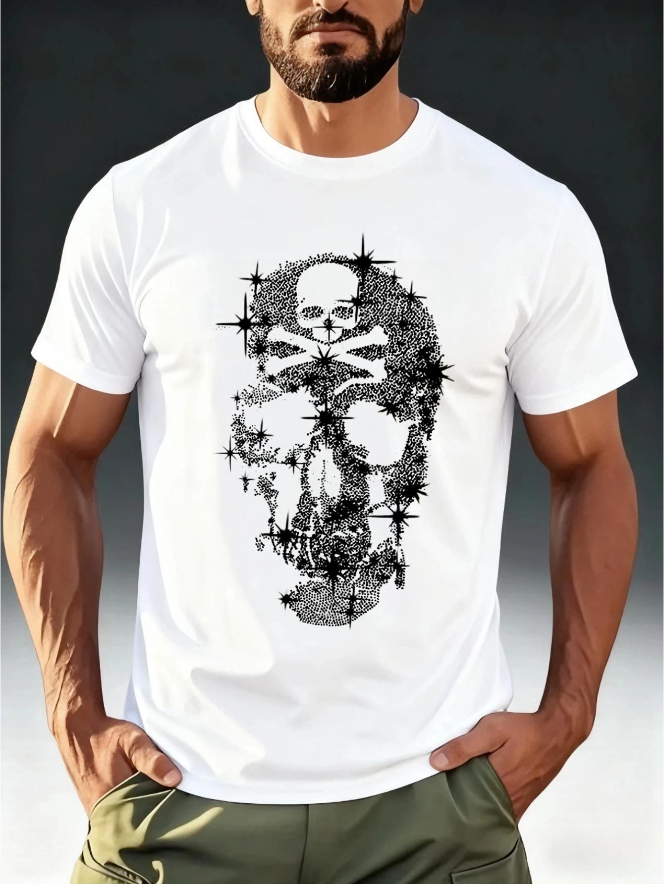 

Men s Rhinestone Skull Bling T-Shirt - Gothic Dark Style Short Sleeve Round Neck Top with Skull Print & Sparkling Rhinestone Design L
