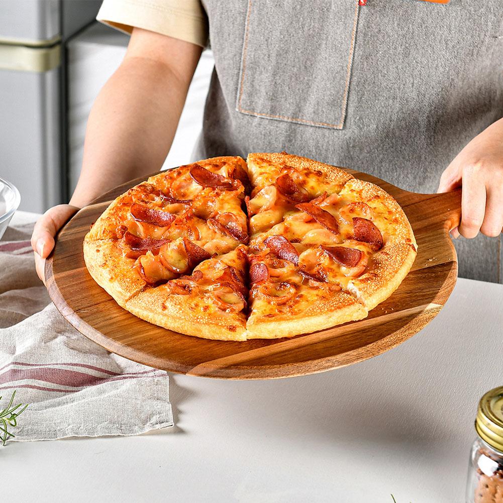Acacia Wood Round Pizza Serving and Cutting Board with Carry Handle Wooden Tray for Kitchen Pizza and Cheese Platters