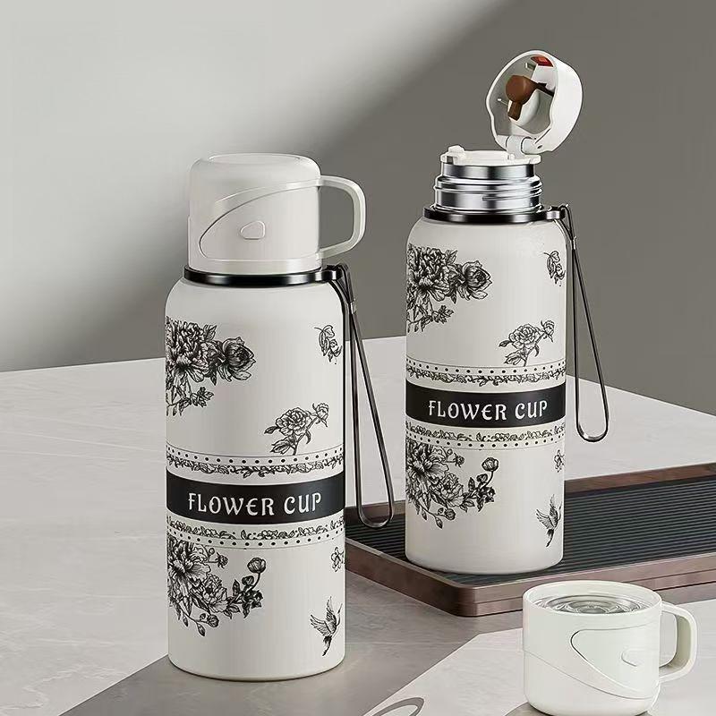 600/800ml Flower Stainless Steel Insulated Bottle 316 Large Capacity Water Bottle Outdoor Portable Sports Water Bottle