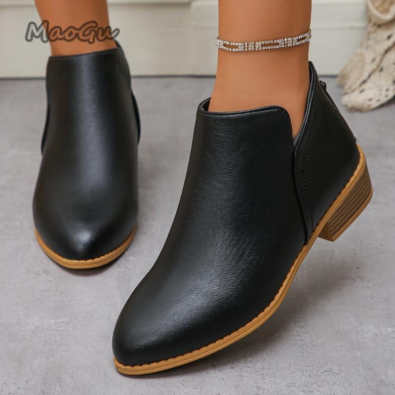 Modne Rozmiar 36-43 Botki Damskie na Średnim Obcasie Krótkie Zapinane na Zamek z Tyłu Szpiczasty Nosek Skórzane Buty dla Kobiet Jesienne Obuwie Botines Para Mujeres
