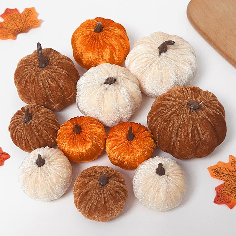 9Pcs Velvet Artificial Pumpkin Ornaments Halloween Party Thanksgiving Dinner Table Decoration Autumn Fall Home DIY Craft Wreath