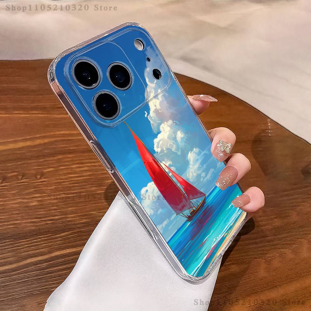 Sailing Boat Art Phone Case iPhone17 16 15 14 13 12 11 Pro Max Plus Mini Clear Full Back Cover Silicone Soft Shell