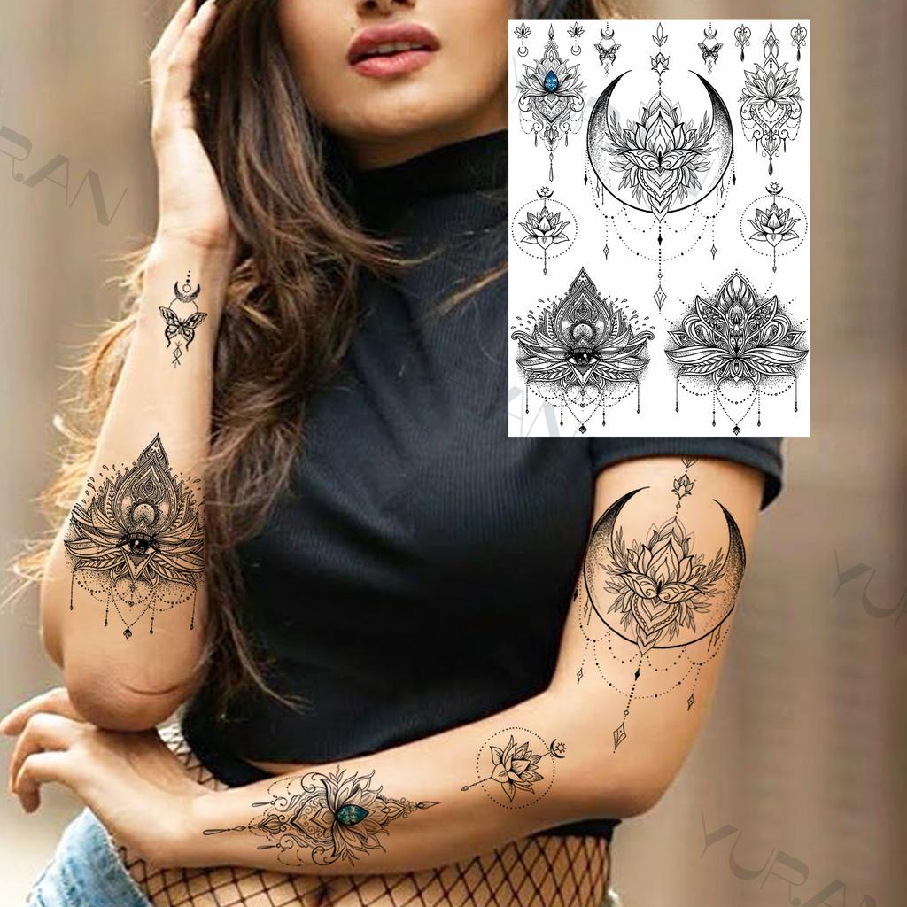 YURAN Women Girl Big Arm Owl Fake Tattoo Temporary Henna India Tatoo Stickers Custom Mandala Flower Black Turtle Tattoos Lace