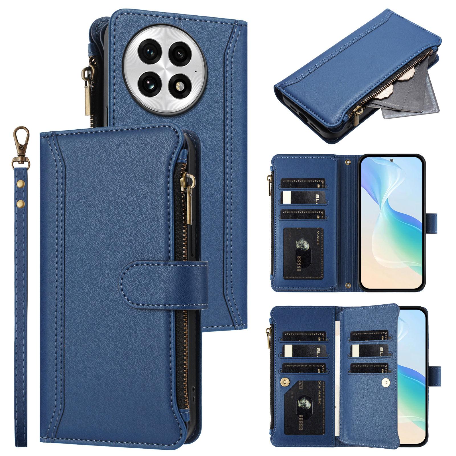 

For OnePlus 13 Leather Case 9 Card Slots Zipper Wallet Stand Phone Cover with Wrist Strap Dark Blue