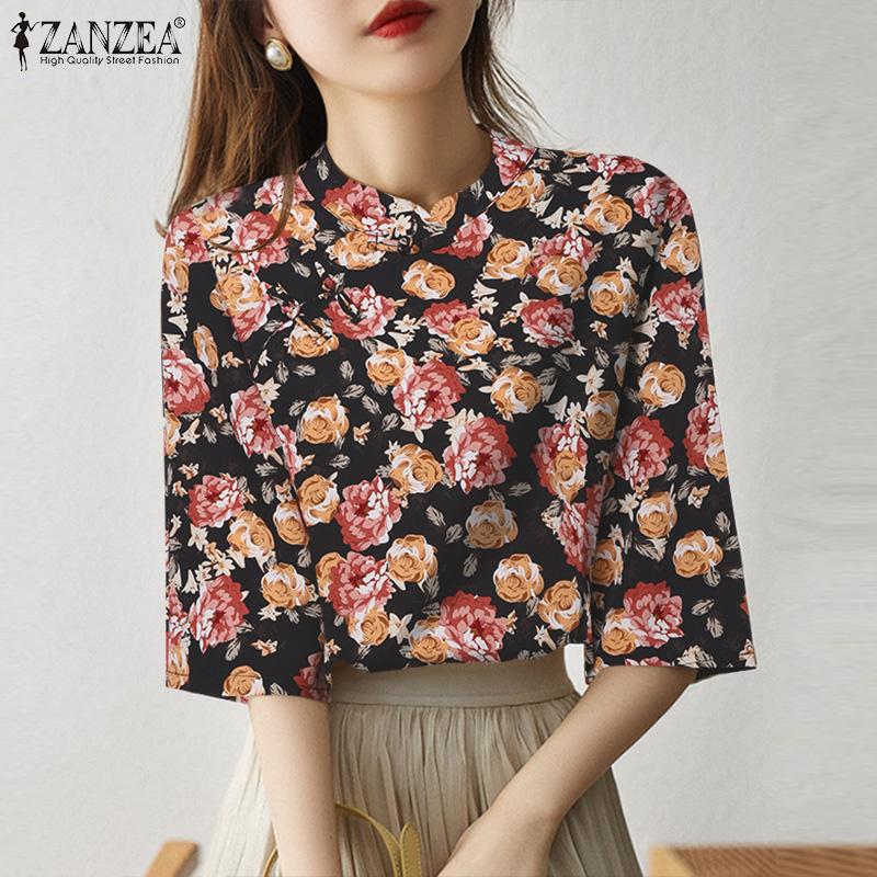 

ZANZEA Женская повседневная блузка с воротником-стойкой и короткими рукавами с цветочным принтом