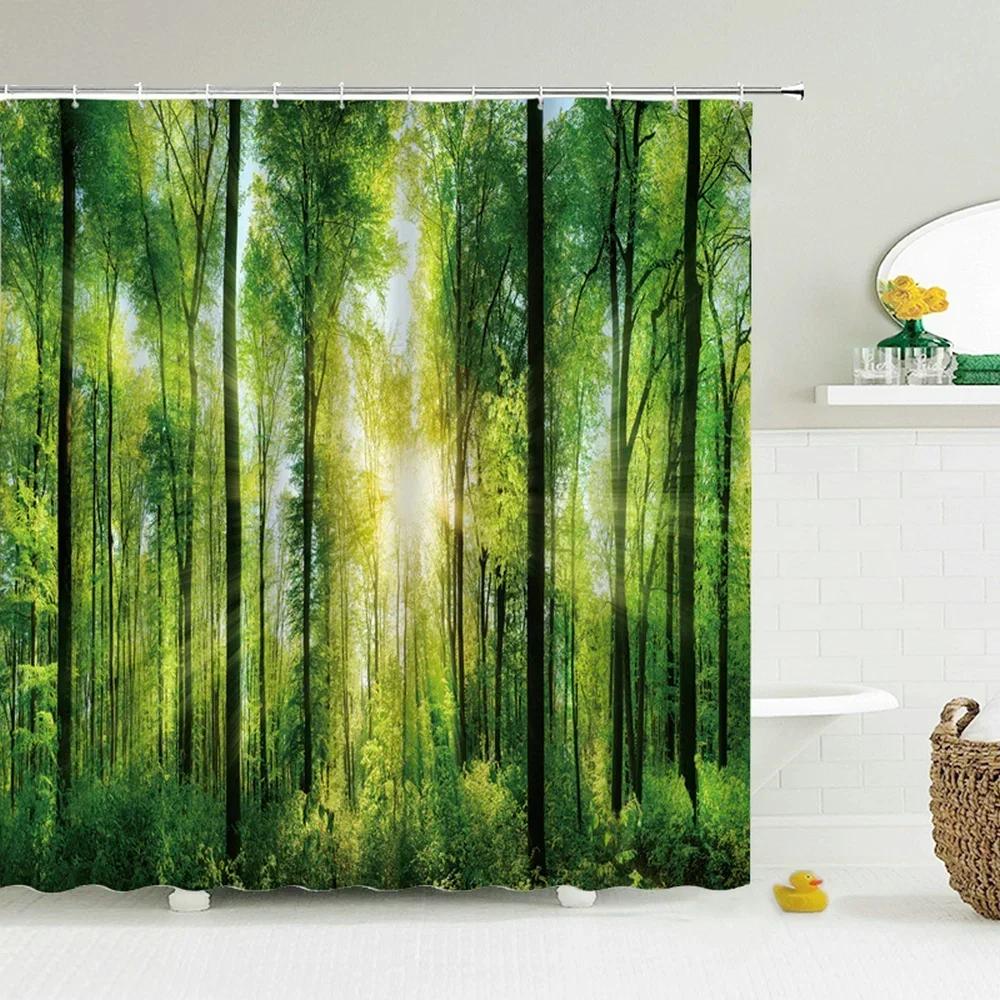 Modern Forest Shower Curtain Green Plant Tree Landscape Shower Curtain Bathroom Waterproof Bathroom Decor Cortina De La Ducha