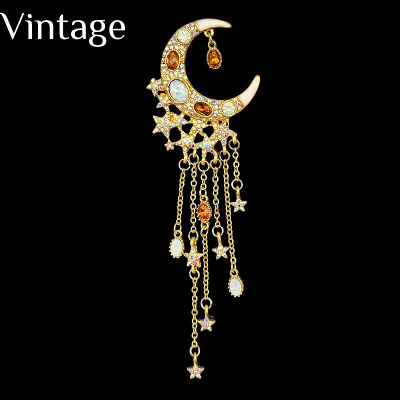 Vintage Full Inlaid Heavy Industry Long Tassel Design High-end Niche Star Moon Earring Brooch Set