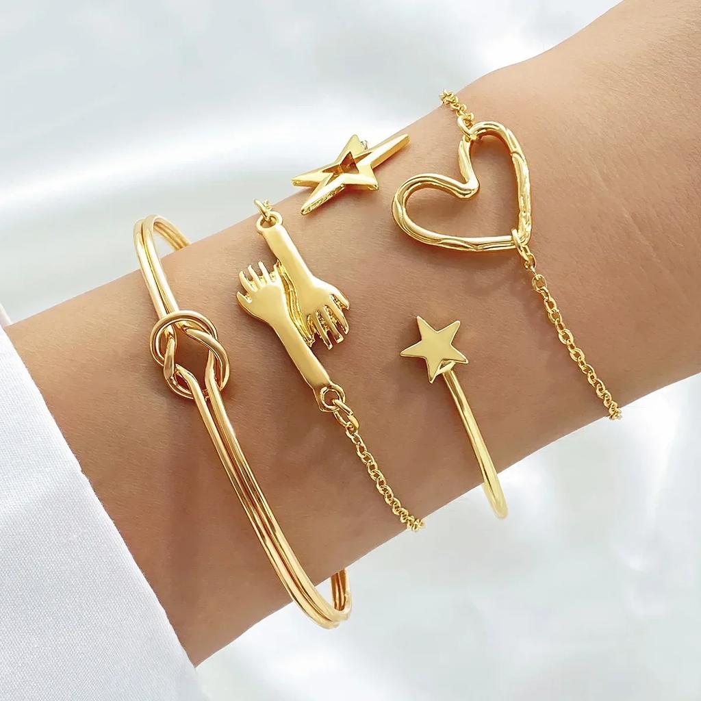 5pcs/Set Vintage Gold /Copper Color Simple Design Multielement Crystal Bracelets Set for Women Adjustable Bangle Zircon GIft