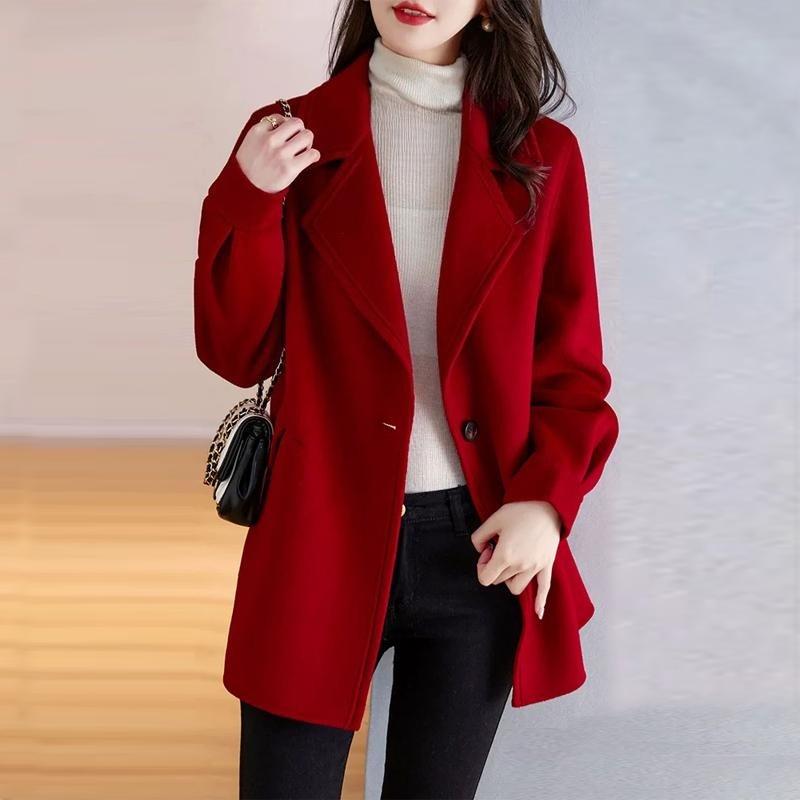 Damen Roter Wollmantel Koreanischer Stil Lockere Passform Vintage Mode Blazer Revers Winterjacke