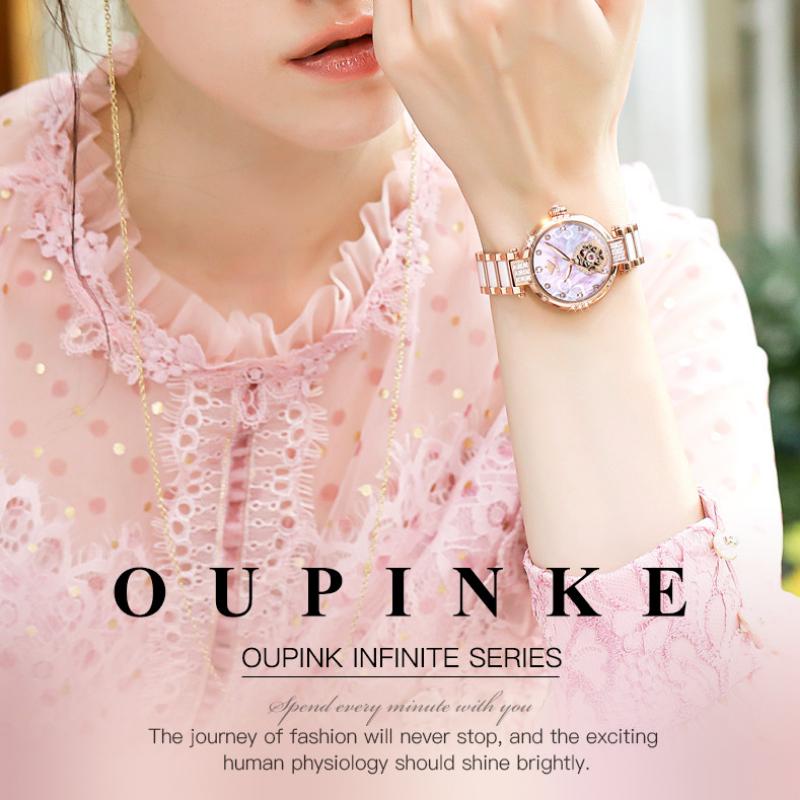 OUPINKE Nouvelle Montre Dame d'Affaires et de Loisirs Montre Mécanique Automatique Étanche Incrustée de Diamants Montre Haut de Gamme
