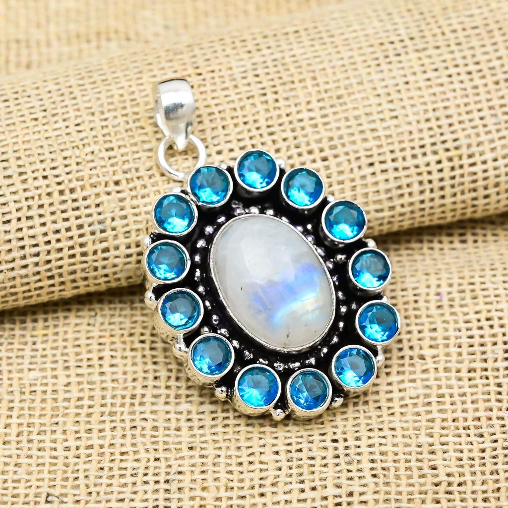 Rainbow Moonstone, Blue Topaz Gemstone Jewelry 925 Solid Sterling Silver Handmade Pendant