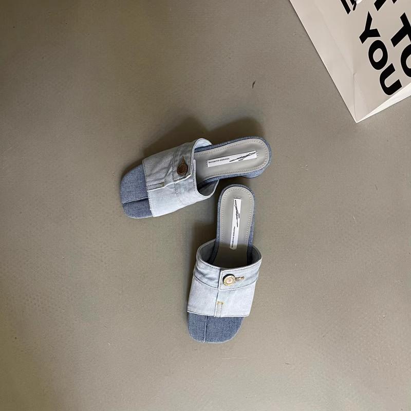 Summer Design Sensation Small Crowd Thick Heel Slippers Fashion Retro Denim High Heel Slippers Women Shoes Pig Feet Slipper