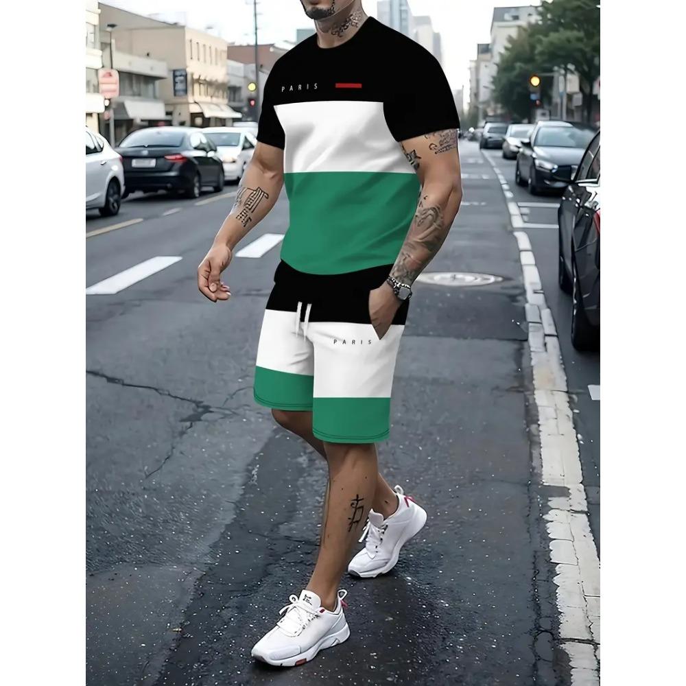 Summer Letter Print Men's T-shirt Shorts 2-piece Set 2025 Men's Clothing Quick Drying Sports T-shirt Elastic Waist Shorts Set