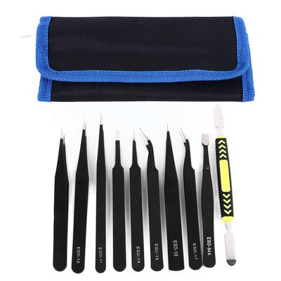 10 st Set Hantverkspincett Kit Rostfritt Stål Spets Armbåge Lödpincett Kit med Förvaringsväska