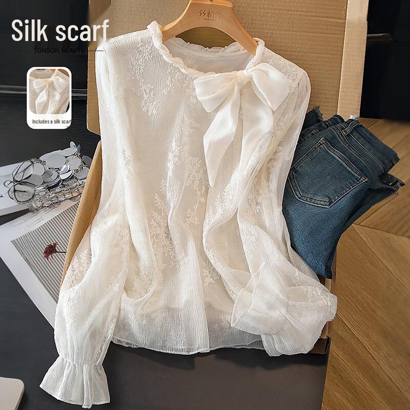 

Elegant Women s Solid Long-Sleeve Bow Blouse One Size