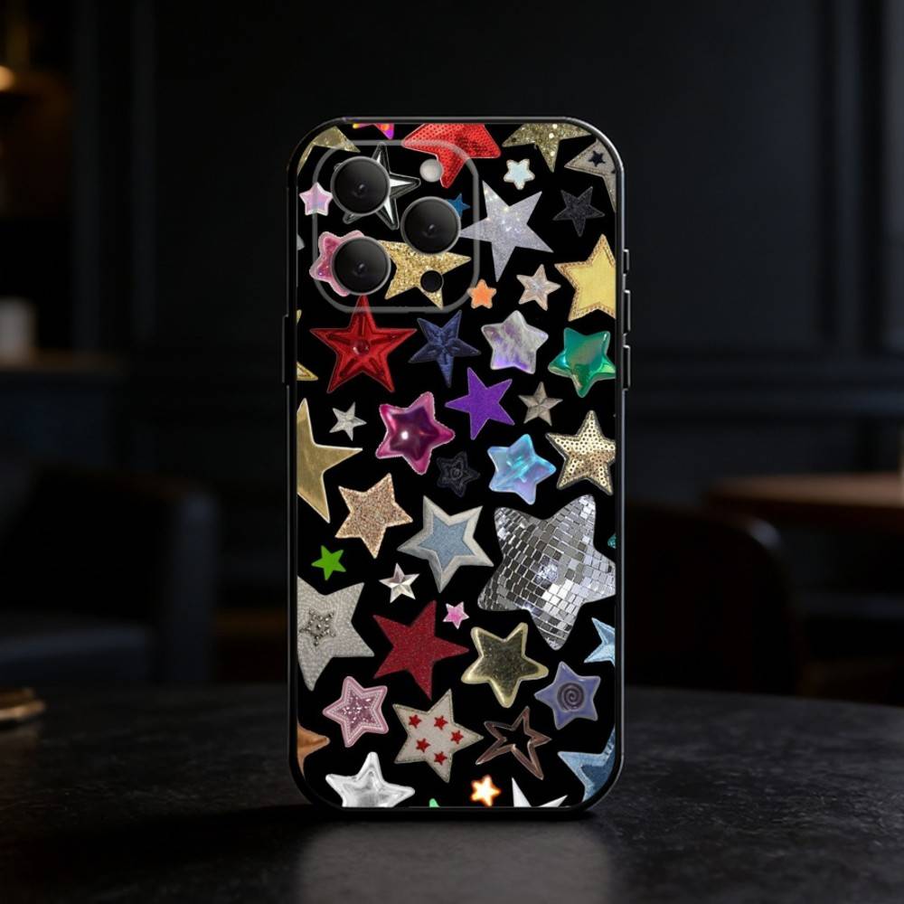 Colorful Star Phone Case For iPhone 17,16,15,14,13,12,11 Plus,Pro Max,SE4Soft Silicone Black Cover