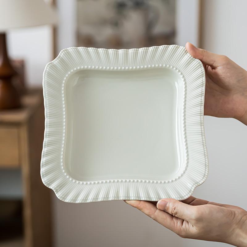 Delicate Lace Plate, Japanese Square Plate, Ceramic Plate, Solid Color Plate, Household Vegetable Plate, Dinner Plate, Salad Plate, Tableware Plate.