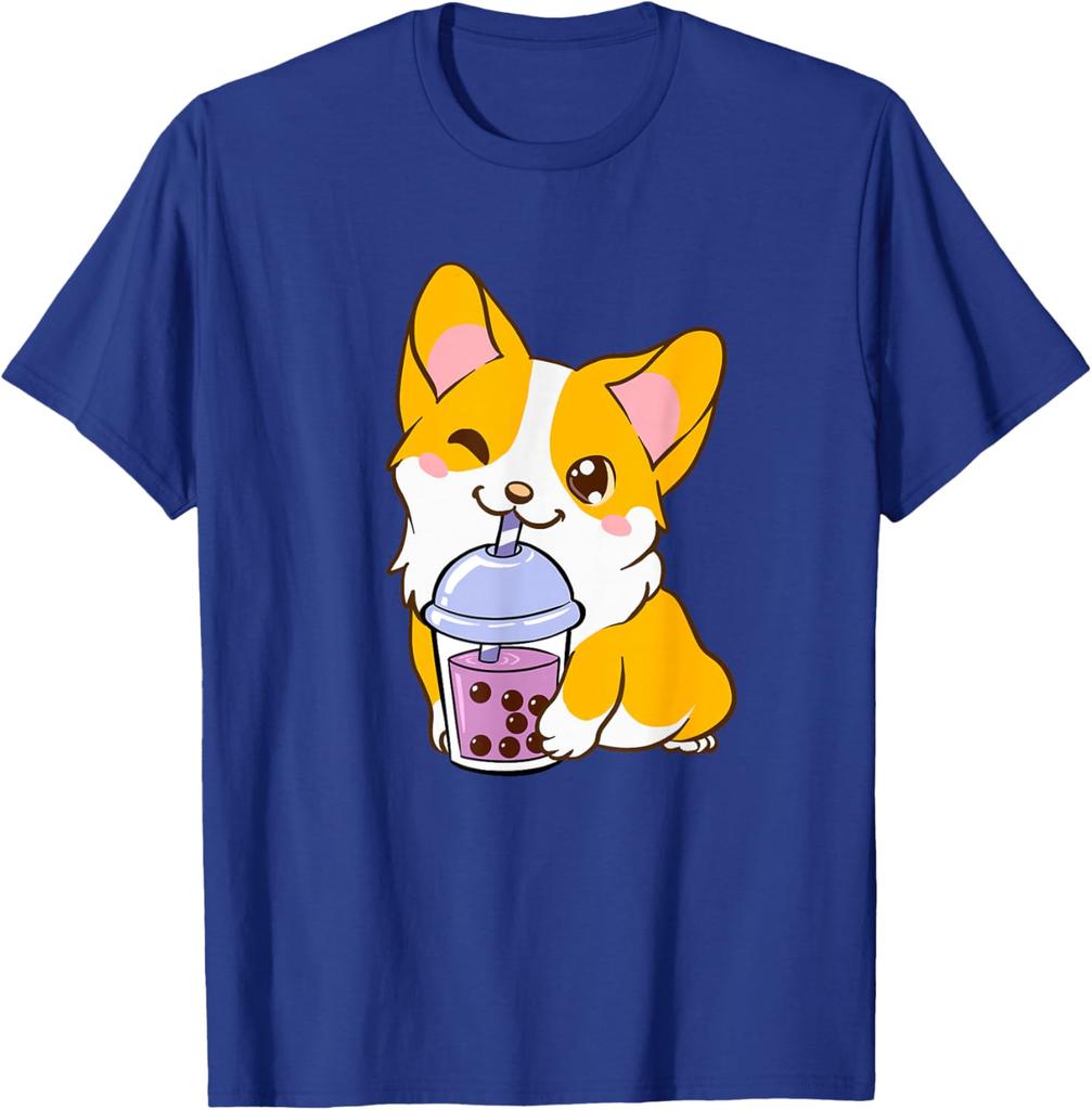 Kawaii Corgi Drinking Boba Tea Cute Dog Lover Graphic Tee Casual Short Sleeve T-Shirt